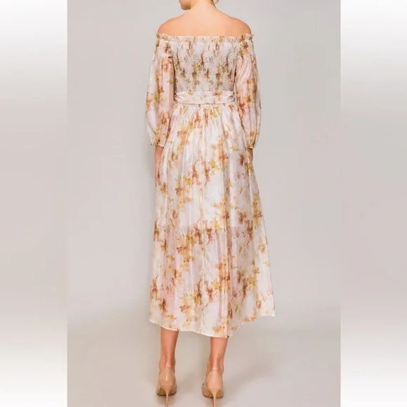 MELLODAY Cream Smocked Off the Shoulder Organza Midi Dress - Picture 14 of 16